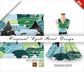 原创手绘抽象儿童画山水画图案