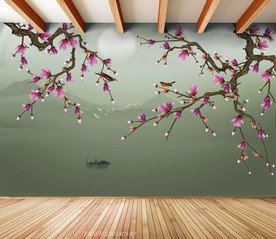 原创玉兰花鸟雅啥兰香背景墙