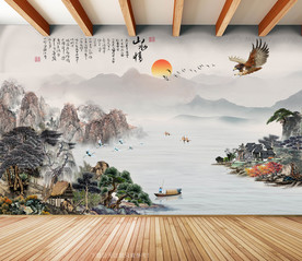 原创水墨山水雄鹰山水情背景墙