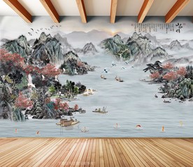 原创水墨山水山水情风景画背景墙