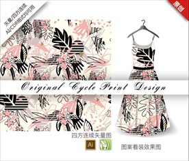 原创抽象手绘涂鸦花叶循环图案