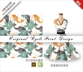 原创中国风鲤鱼荷花清新循环图案