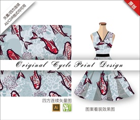 原创手绘中国风荷花鲤鱼循环图案