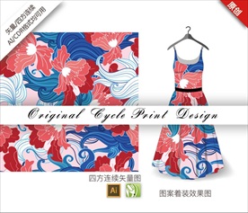 原创手绘中国风杜鹃波浪循环图案