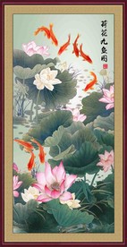 荷花九鱼图