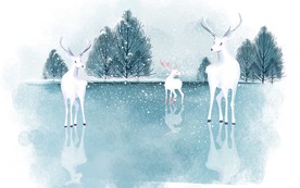 北欧梦幻森林手绘麋鹿背景墙壁画