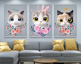 可爱卡通大眼萌猫咪花朵无框画