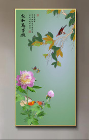 原创玄关牡丹花鸟家和万事兴壁画