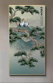 原创玄关松树仙鹤松鹤延年壁画