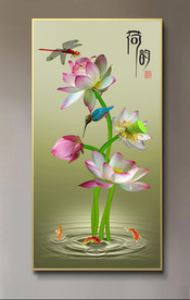 原创玄关荷花翠鸟荷韵装饰画