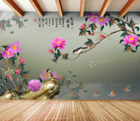 原创牡丹花鸟花开富贵装饰画背景