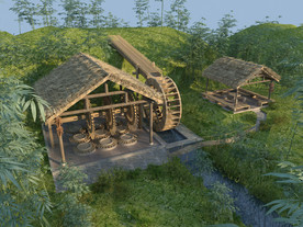 3dmax茅草房水车磨坊