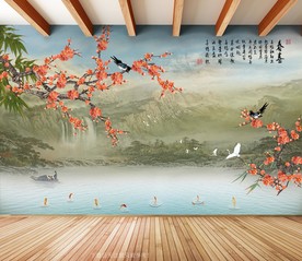 原创梅花喜鹊山水装饰画背景墙