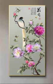 原创玄关牡丹喜鹊花语装饰画壁画
