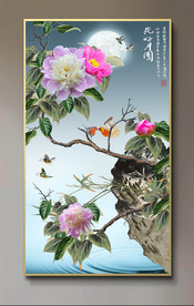 原创玄关牡丹花鸟花好月圆壁画