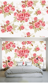 浪漫粉色玫瑰花矢量卧室背景墙