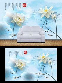 新中式水彩荷花电视背景墙