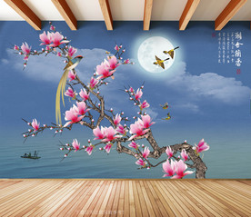 原创手绘玉兰喜鹊雅啥兰香背景墙