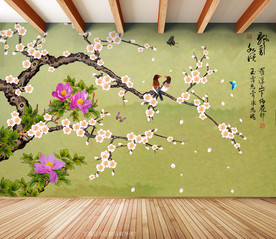 原创梅花喜鹊飘香私语背景墙