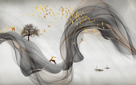 麋鹿背景墙 禅意烟雾山水画