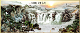 原创水墨山水瀑布流水生财装饰画