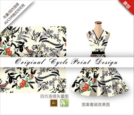 水墨戴胜花鸟四方连续