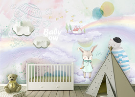 梦幻彩虹可爱动物儿童房背景墙