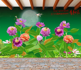 原创高清牡丹花好月圆装饰背景墙