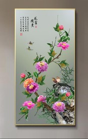 原创玄关牡丹花鸟花开富贵装饰画