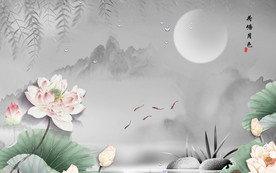 荷花山水画 TIF分层 中式