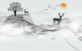 麋鹿新中式背景墙 TIF分层