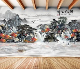 原创水墨山水海纳百川风景背景墙