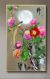 原创玄关牡丹喜鹊装饰画背景墙