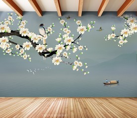 原创手绘玉兰装饰画背景墙
