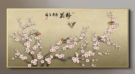 原创手绘梅花花鸟花开五福装饰画