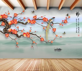 原创高清梅花喜鹊风景画背景墙