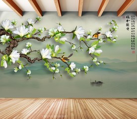原创玉兰花鸟雅啥兰香风景背景墙