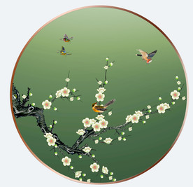 原创手绘梅花花鸟圆型装饰画