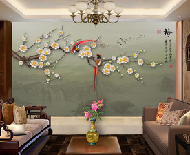 原创手绘梅花喜鹊装饰画背景墙
