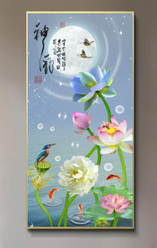 原创玄关荷花翠鸟装饰画壁画