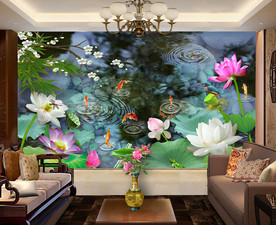 原创荷花鲤鱼荷塘鱼趣背景墙