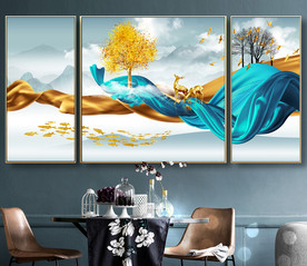 北欧轻奢麋鹿发财鹿三联装饰画