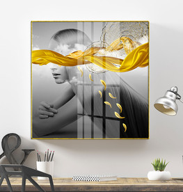 美女金箔金鱼抽象黑白装饰画