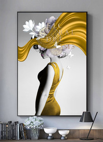 美女金箔线条抽象年轮黑白装饰画