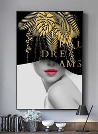 金箔笔刷美女花朵黑白装饰画