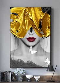 金箔笔刷美女花朵黑白装饰画