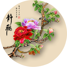 原创牡丹花鸟园形装饰画