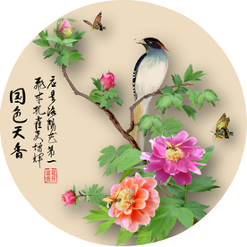 原创牡丹喜鹊国色天香园形装饰画
