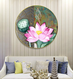 新中式荷韵线条荷花圆形装饰画
