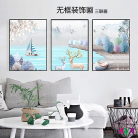 发财鹿三联画抽象装饰画